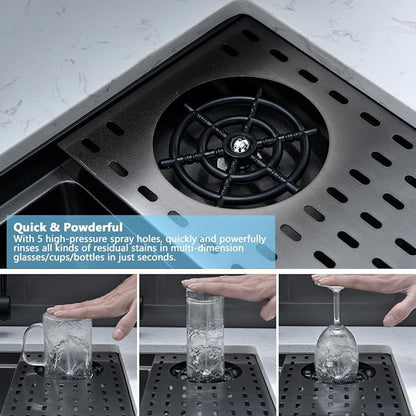 24 Inch Black Undermount Kitchen Sink with Glass Rinser-VASOYO 24x19 Black Kitchen Sink Undermount Workstation Wet Bar Sinks 16 Gauge Deep Single Bowl with Cup Washer