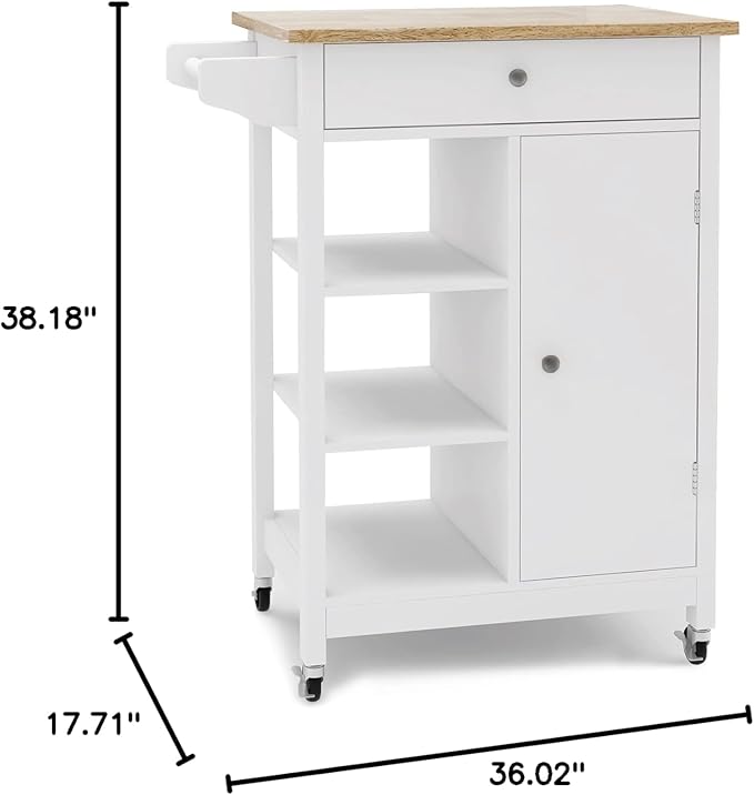 Modern Dining Table Kitchen Island Rolling Trolley Cart with Shelves, Drawer, Doors, Towel Rack & Seasoning Rack - Rubber Wood Table Top for Dining Room,White-MDF