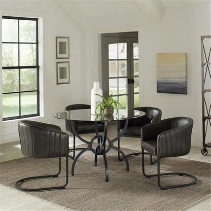 Pemberly Row 48" Round Contemporary Metal Dining Table, Clear Tempered Glass Top, Gunmetal Finish, Stylish Interlocking Ring Base, Chic Transitional Design for Breakfast Nook or Eat-in Kitchen