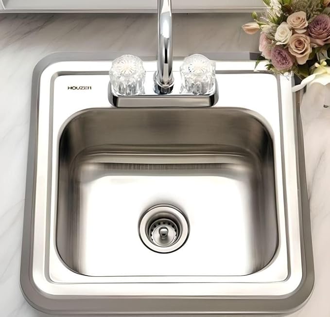 Houzer Hospitality Stainless Steel Bar & Prep Sink: 15 Inch Drop-In Topmount 2-Hole Sink for Bar & Kitchen, Durable & Versatile, Essential for Home & Apartment: 1515-6BS-1