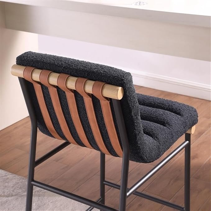 Lilola Home Lahni 18" W Black Boucle Fabric Counter Height Chair – Contemporary Upholstered Bar Stool with Cognac PU Leather Detail and Fully Assembled Design for Kitchen Dining Room