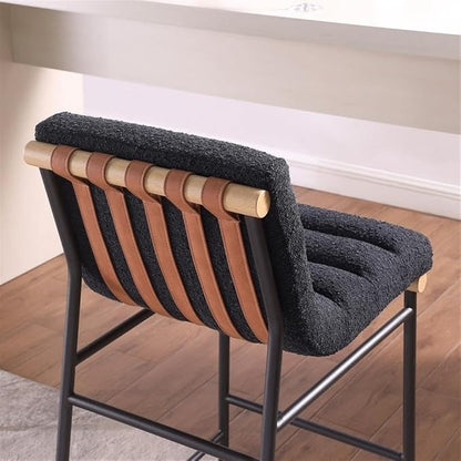 Lilola Home Lahni 18" W Black Boucle Fabric Counter Height Chair – Contemporary Upholstered Bar Stool with Cognac PU Leather Detail and Fully Assembled Design for Kitchen Dining Room