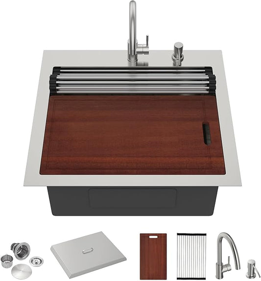 24"x22" Drop In Outdoor Kitchen Sink Workstation – 16 Gauge 304 Stainless Steel Top Mount Bar Prep Sink with Faucet Combo & Dust Lid for BBQ, RV, Camper, Garden, Utility Use