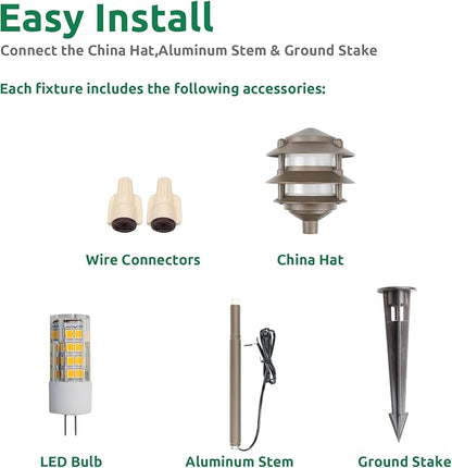 Lumina Lighting® Low Voltage Landscape Lighting Cast-Aluminum Pagoda Path and Area Light Warm White 4W G4 LED Bulb and ABS Ground Stake Included for Yard Walkway Lawn PAL0103-BZLED6 (Bronze, 6-Pack)