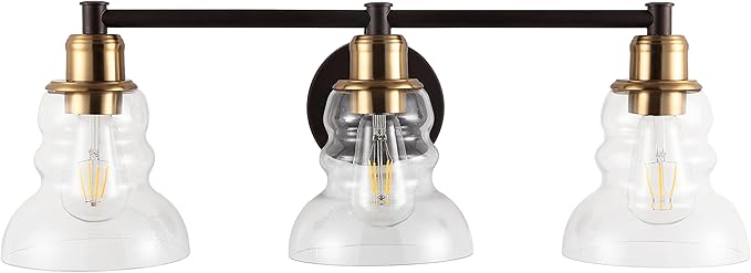 JONATHAN Y 25.5" Brass Gold/Oil Rubbed Bronze Modern Industrial Rustic 3-Light LED Vanity Light with Clear Glass Shade, Vintage Wall Sconce for Bathroom Kitchen Hallway, LED Bulb Included (JYL3546A)