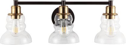 JONATHAN Y 25.5" Brass Gold/Oil Rubbed Bronze Modern Industrial Rustic 3-Light LED Vanity Light with Clear Glass Shade, Vintage Wall Sconce for Bathroom Kitchen Hallway, LED Bulb Included (JYL3546A)