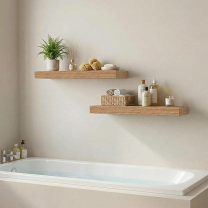 INHABIT UNION 24in Floating Shelves for Wall, Wall Mounted Shelves for Decor Storage Set of 2, Floating Shelf for Bedroom, Bathroom, Living Room and Kitchen（Beech）