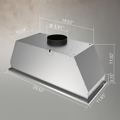 Hermitlux 30 inch Built-in/Insert Range Hood, 600 CFM 3 Speed Vent Hood, Ducted/Ductless Convertible, Stainless Steel Range Hoods with Bright LED Light, Baffle Filters and Charcoal Filters