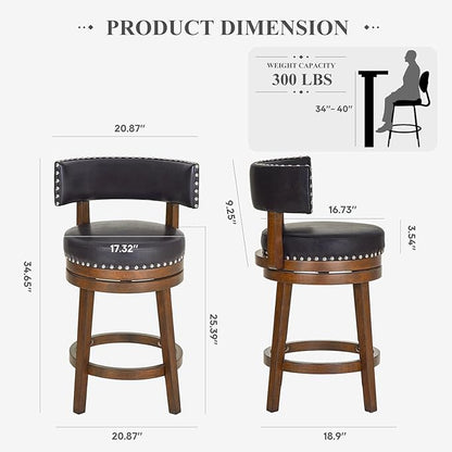 COLAMY Swivel Bar Stool, 25 Inch Wood Swivel Barstool with Back, Counter Height Bar Stools, Modern Upholstered Barstool for Kitchen Island Dining Room Bar, Dark Brown