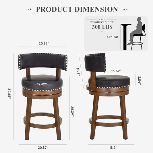 COLAMY Swivel Bar Stool, 25 Inch Wood Swivel Barstool with Back, Counter Height Bar Stools, Modern Upholstered Barstool for Kitchen Island Dining Room Bar, Dark Brown