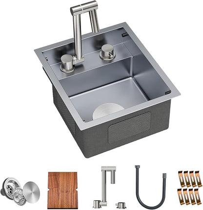 TORVA RV Kitchen Sink, 13 x 15 x 7 Inch Undermount Bar Sink 16 Gauge Stainless Steel Single Bowl Sink with Foldable Faucet Cutting Board, Grey