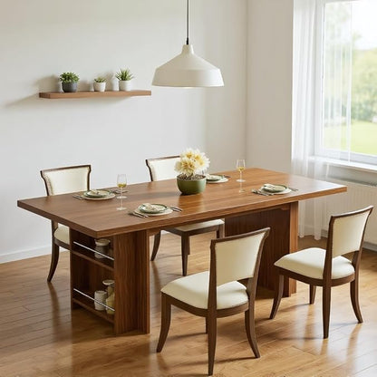63 Inch Farmhouse Dining Table with Integrated Storage Shelves, Brown Oak Wooden Kitchen Table for 6 to 8 People, Large Home Office Computer Desk with 300lb Weight Capacity