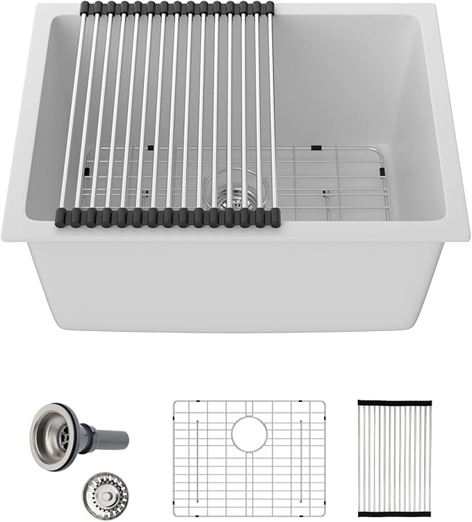 Sarlai 24 Inch Undermount Laundry Sink Granite Composite - 12 Inch Deep Utility Laundry Sink 24x18 White Kitchen Sinks Undermount Quartz Classic Under Counter Single Bowl Basin