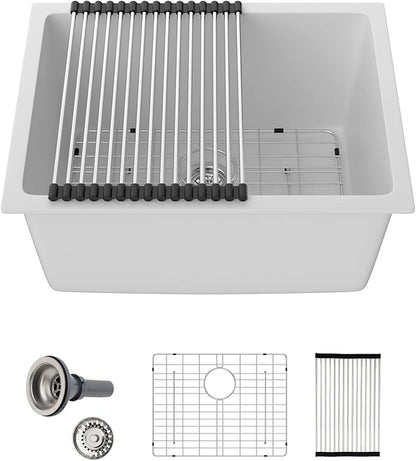 Sarlai 24 Inch Undermount Laundry Sink Granite Composite - 12 Inch Deep Utility Laundry Sink 24x18 White Kitchen Sinks Undermount Quartz Classic Under Counter Single Bowl Basin