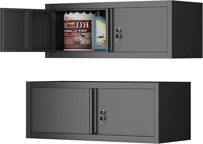 IRONFFICE Metal Garage Wall Cabinets,13" H Garage Storage Cabinet Wall Mounted,Floating Storage Organization with Doors,Locking Hanging Cabinet for RV,Home Office,Warehouse,Black