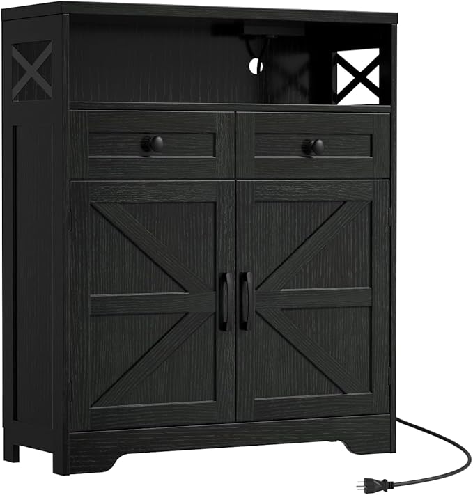 FiveWillowise 31.5" Black Storage Cabinet with Drawers and Shelf, Farmhouse Sideboard Buffet with Storage, Kitchen Pantry Hutch, Coffee Bar Cabinet Station Table for Kitchen, Living, Dining Room