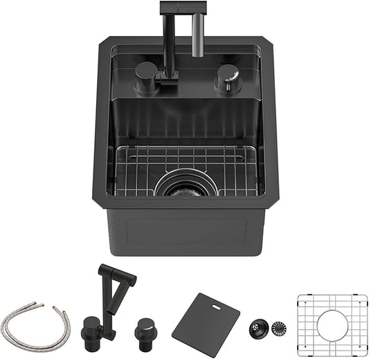 Sarlai Black Undermount Bar Sink With Foldable Faucet - 13x15 Inch Outdoor Black Kitchen Sink RV Workstation 16 Gauge Stainless Steel Single Bowl Handmade Outdoor BBQ Sinks with Lid