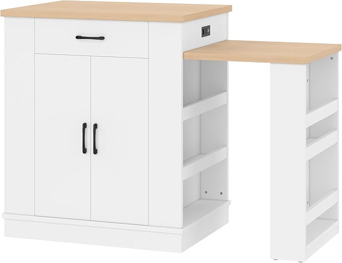 Modern Extendable Dining Table with Drawers, Kitchen Island with Double-Door Cabinet and Open Shelving, Serves as Dining Table, Temporary Breakfast Bar, and Afternoon Tea Lounge (White/52c)