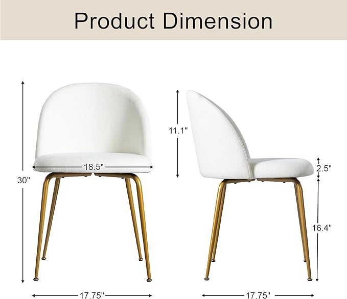 Casaphoria Dining Chairs Set of 2, Modern White and Gold Upholstered Accent Chairs with Metal Legs, Ergonomic Comfy Vanity Chair for Kitchen, Living Room, and Bedroom