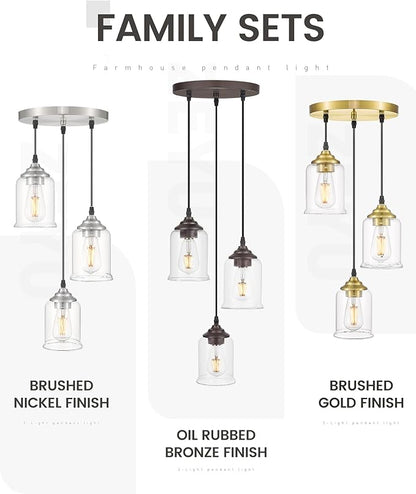 zeyu 3-Light Pendant Lighting, Adjustable Modern Cluster Pendant Light for Kitchen Island, Brushed Nickel Finish with Clear Glass Shade, ZSL104-3 BN