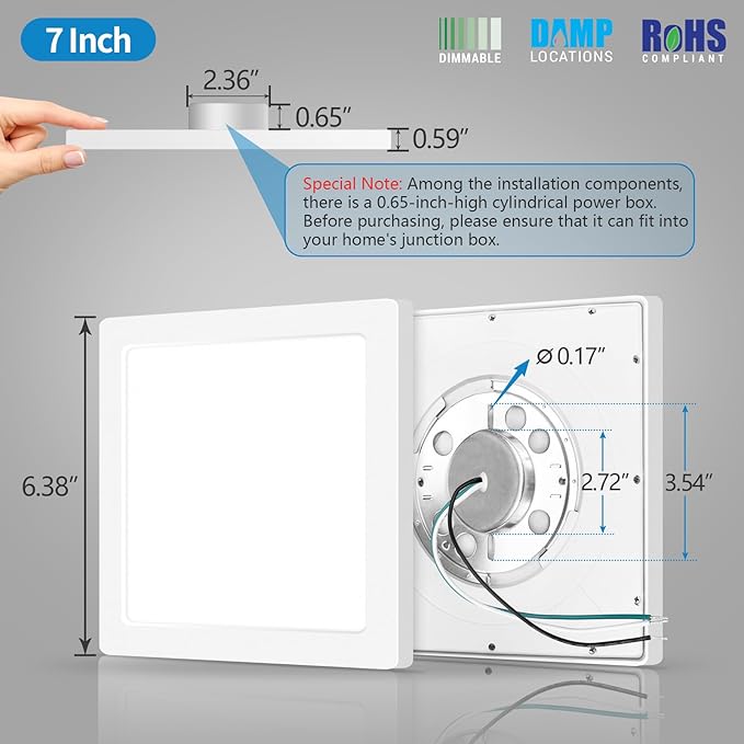 mw 7 Inch Square LED Flush Mount Ceiling Light, Slim LED Ceiling Lights, Dimmable 12W, 3000K/4000K/5000K, Low Profile White Fixtures for Bedroom, Kitchen, Bathroom, ETL Listed, Each Side is 6.38"