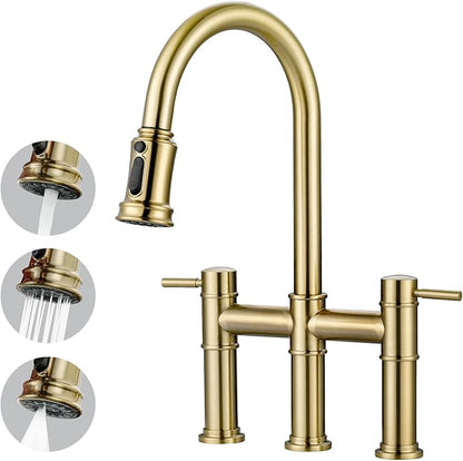 Bridge Faucet for Kitchen Sink: iVIGA Gold Farmhouse 3 Hole Kitchen Faucet with Pull Down Sprayer (3 Spray Modes) - 2 Handle High Arc Brass Faucet with 360° Swivel, with Supply Lines