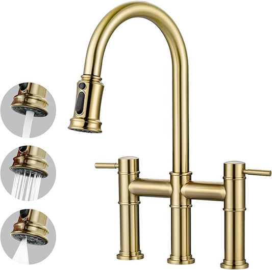 Bridge Faucet for Kitchen Sink: iVIGA Gold Farmhouse 3 Hole Kitchen Faucet with Pull Down Sprayer (3 Spray Modes) - 2 Handle High Arc Brass Faucet with 360° Swivel, with Supply Lines