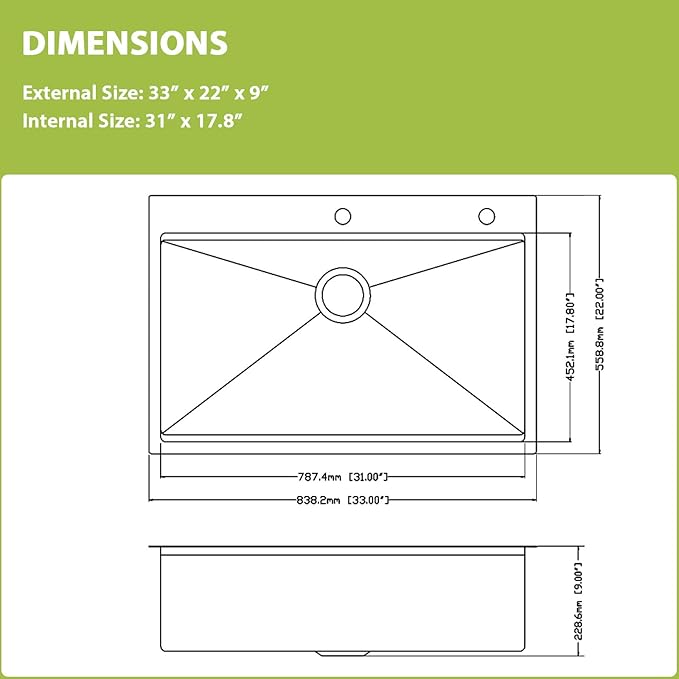 33x22 Drop In Kitchen Sink Workstation - MERYIAO 33 Inch Stainless Steel Sinks Topmount 16 Gauge Single Bowl Above Counter 9" Deep Sinks with Accessories