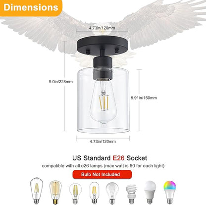 YYT Black Hallway Light Fixtures Ceiling 1-Light Semi Flush Mount Ceiling Light Small Kitchen Cieling Lights Black Hallway Light Fixtures Single Light Fixture with Clear Glass Shade Set of 2