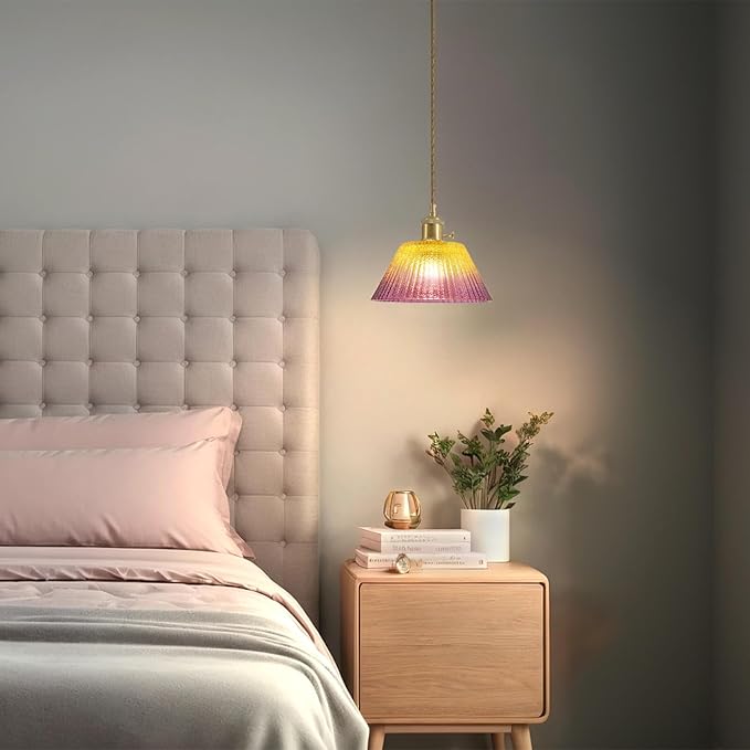 Glass Hanging Lamp Plug in Pendant Light Fixtures, Gold Pink Glass Vintage Pendant Lights Kitchen Island Dining Room Bedroom Living Room, LED Bulb Included