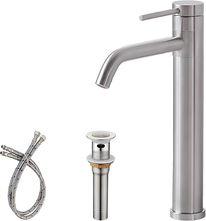 Hotis Vessel Sink Faucet Brushed Nickel, Stainless Steel Tall Bathroom Faucet with 360° Swivel Spout, Single Handle 1 Hole Bathroom Faucets with Supply Lines and Pop Up Drain, HT-TX110788L-New
