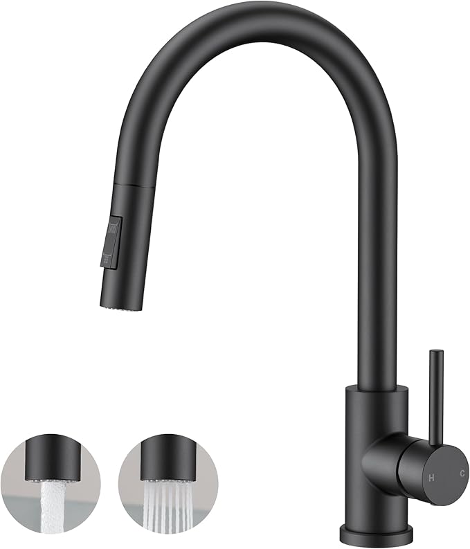 FORIOUS Black Kitchen Faucet with Pull Down Sprayer, Classic Single Hole Kitchen Sink Faucet with Deck Plate, Single Handle, High Arc Stainless Steel, Fit for RV Bar Farmhouse Laundry Outdoor
