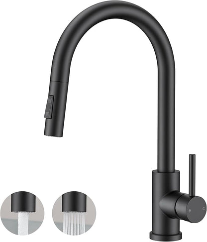 FORIOUS Black Kitchen Faucet with Pull Down Sprayer, Classic Single Hole Kitchen Sink Faucet with Deck Plate, Single Handle, High Arc Stainless Steel, Fit for RV Bar Farmhouse Laundry Outdoor