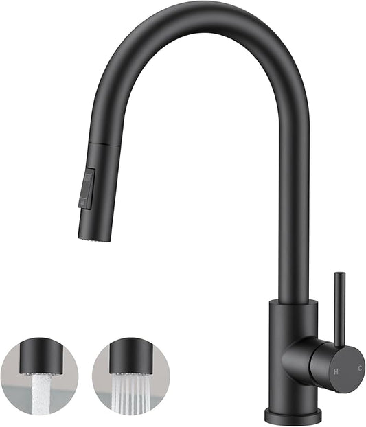 FORIOUS Black Kitchen Faucet with Pull Down Sprayer, Classic Single Hole Kitchen Sink Faucet with Deck Plate, Single Handle, High Arc Stainless Steel, Fit for RV Bar Farmhouse Laundry Outdoor