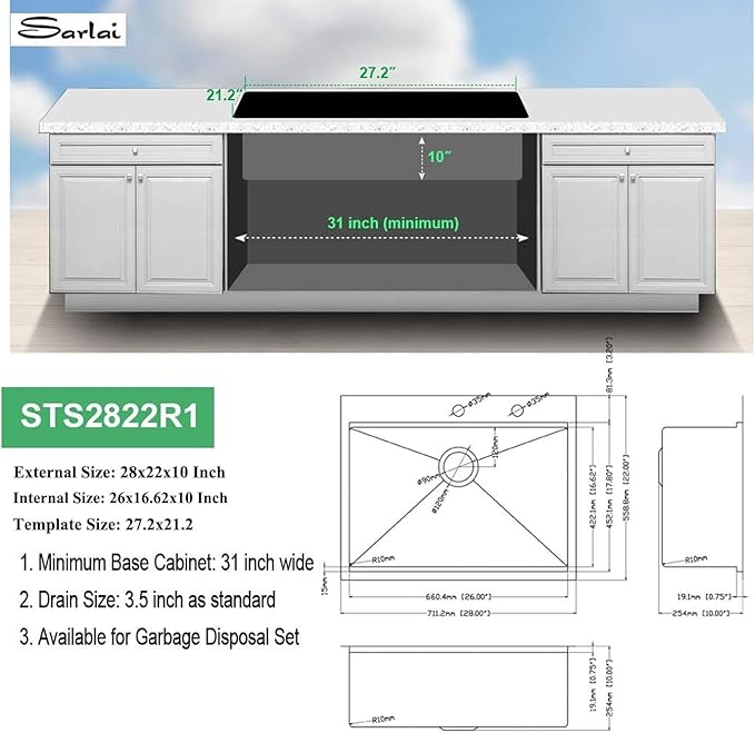 Sarlai 28 Kitchen Sink Drop In - 28 "x 22" Kitchen Sink Drop In Stainless Steel 16 Gauge Ledge Workstation Topmount Single Bowl Over Counter Kitchen Sinks Basin