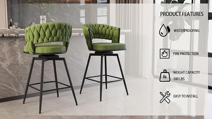 Modern Dining Chairs,Upholstered Linen Woven 360°Swivel Bar Island Chair & Black Footrest(Set of 2),Comfortable Curved Backrests Seat,Applicable to Kitchen,Living Room,Outdoor Lounge,Patio,Green