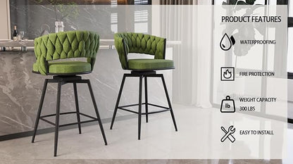 Modern Dining Chairs,Upholstered Linen Woven 360°Swivel Bar Island Chair & Black Footrest(Set of 2),Comfortable Curved Backrests Seat,Applicable to Kitchen,Living Room,Outdoor Lounge,Patio,Green