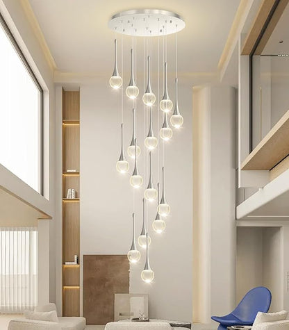 16 Light High Ceiling Crystal Chandelier Dimmable LED Pendant Lights with Remote Adjustable Chandeliers for Foyer Staircase Living Room Sivler