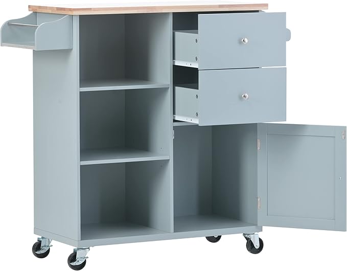 Fashion Store Kitchen Island Cart with Rubber Wood Top and 2 Drawers,4 Wheels and 3 Open Shelves,for Kitchen,Dining Room,Bathroom,Living Room (Grey Blue@E)