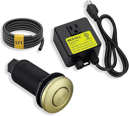 BESTILL Garbage Disposal Air Switch Kit - Professional, UL Listed Brushed Gold 3.6" Long Sink Top On/Off Push Button for Waste Disposer, Brass Made Cover, Compatible with all Garbage Disposals
