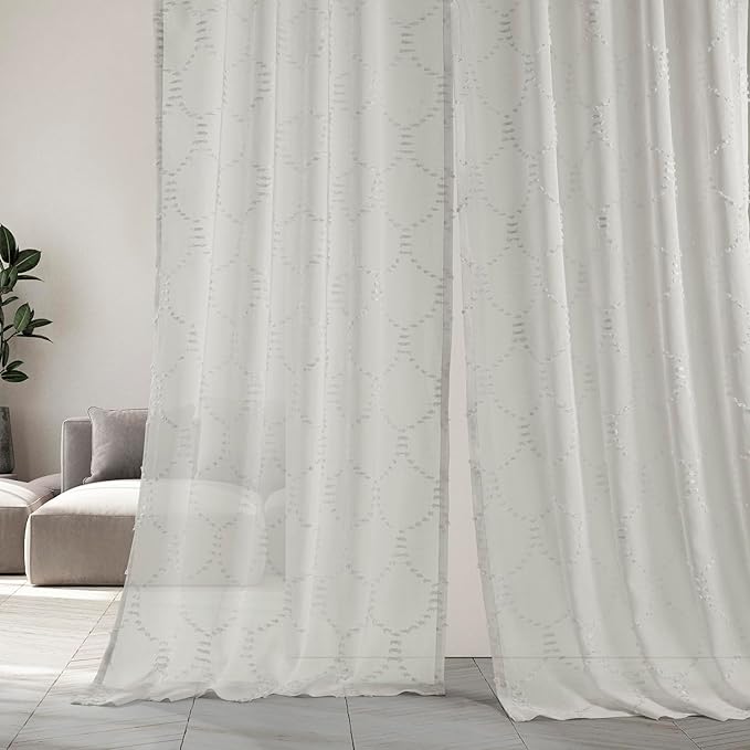 HPD Half Price Drapes Patterned Faux Linen Sheer Curtains for Living Room or Bedroom 50 X 108 (1 Panel), Rod Pocket Window Curtains for Bedroom, Marseille Shell