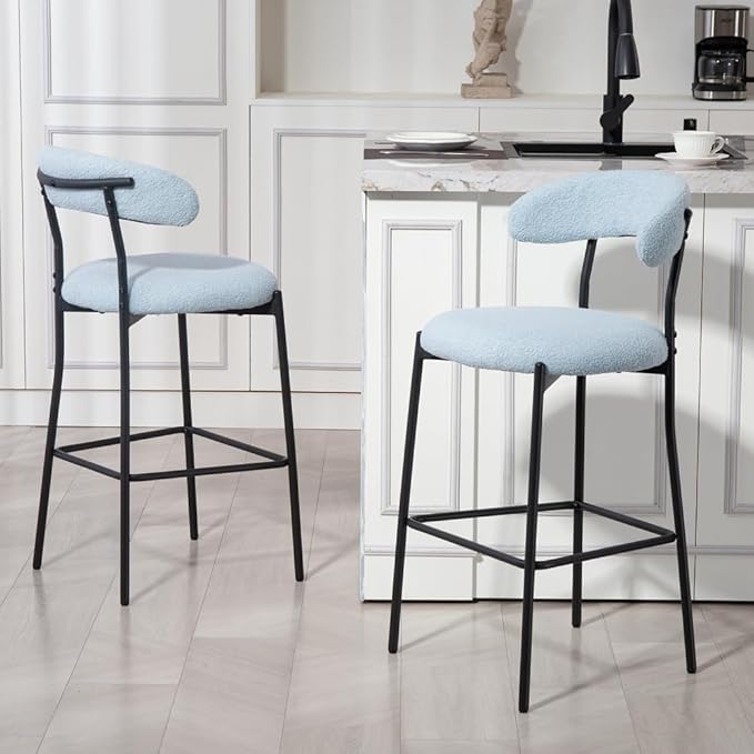 26" Counter Height Bar Stools - Teddy Fabric Upholstered Kitchen Island Stools with Black Powder-Coated Metal Base & Integrated Footrest, Modern Farmhouse Style(Blue)