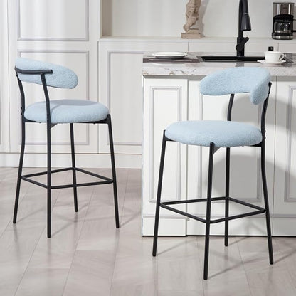 26" Counter Height Bar Stools - Teddy Fabric Upholstered Kitchen Island Stools with Black Powder-Coated Metal Base & Integrated Footrest, Modern Farmhouse Style(Blue)