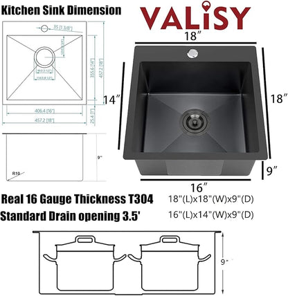 18x18 Inch Black Bar Sink Drop In, Topmount Stainless Steel Kitchen Sink, Square Small Kitchen Sinks, Single Bowl Kitchen Sinks for Laundry Wet Bar Prep RV Office Outdoor Yard with Grid & Drain