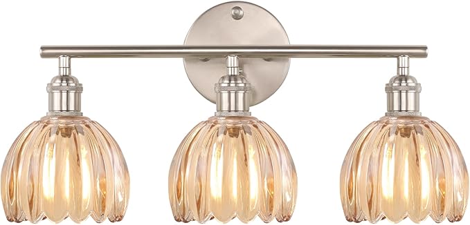 Shenmoyl Bathroom Light Fixtures, 3-Light Vanity wall Light Over Mirror with Amber Tulip Glass Shade for Bedroom Living Room (Bulb Not Included), Satin Nickel