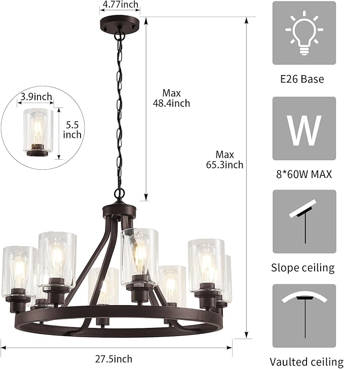 Lanhall 8-Light Farmhose Chandelier for Dining Room Light Fixture Oil Rubbed Bronze Kitchen Pendant Light Round Rustic Ceiling Hanging Lighting with Glass Globes Adjustable Height Metal E26
