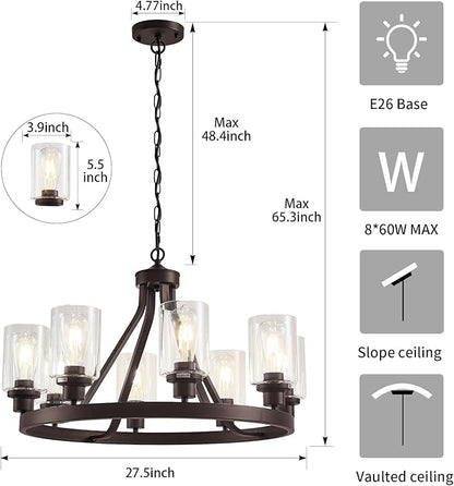 Lanhall 8-Light Farmhose Chandelier for Dining Room Light Fixture Oil Rubbed Bronze Kitchen Pendant Light Round Rustic Ceiling Hanging Lighting with Glass Globes Adjustable Height Metal E26