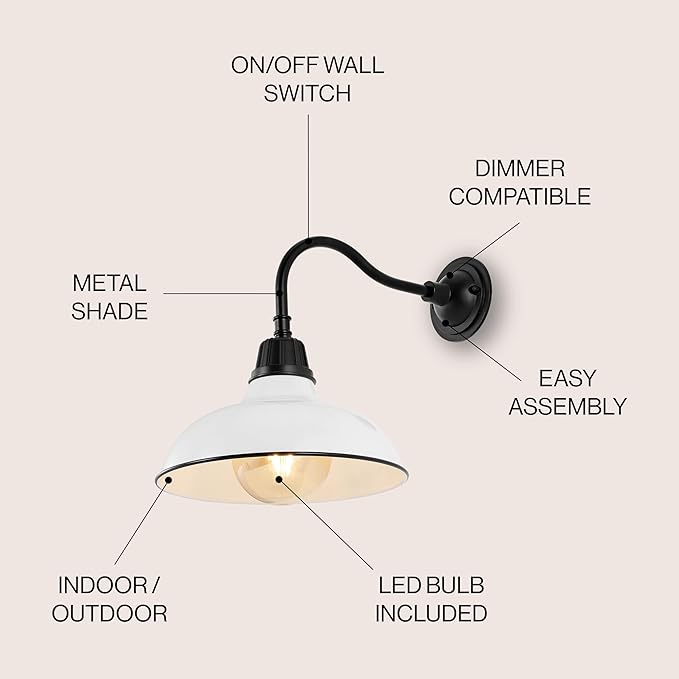JONATHAN Y 12.25" White/Black Farmhouse Industrial Outdoor Sconce, LED Gooseneck Wall Light for Porch, Metal Bowl Shade, Dimmable Vintage Exterior Fixture, LED Bulb Included JYL7613A