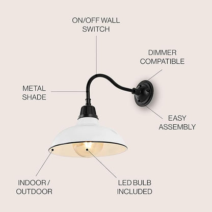 JONATHAN Y 12.25" White/Black Farmhouse Industrial Outdoor Sconce, LED Gooseneck Wall Light for Porch, Metal Bowl Shade, Dimmable Vintage Exterior Fixture, LED Bulb Included JYL7613A