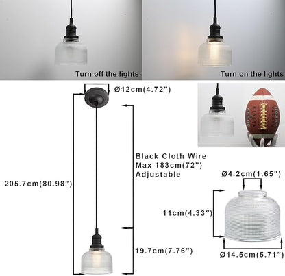 Yosoan Indoor Vintage Pendant Light with Striped Shade, 1-Light Hardwired Edison Vanity Fixture Industrial Semi Flush Mount Lamp Bowl Texture Glass for Kitchen Table Bar Island(Black)